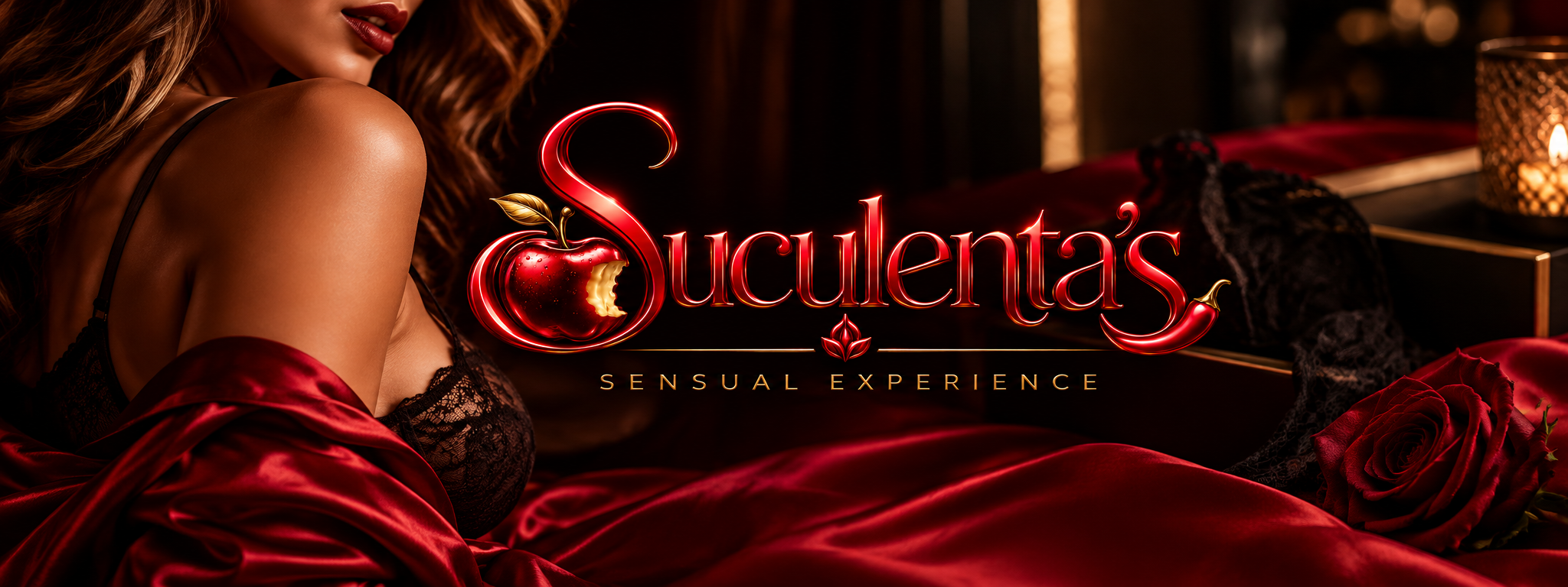 Campanha Suculenta’s com logo vermelha e dourada, cetim vermelho e renda preta